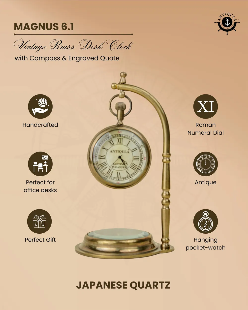 Hanging Brass Desk Clock with Working Compass view 8