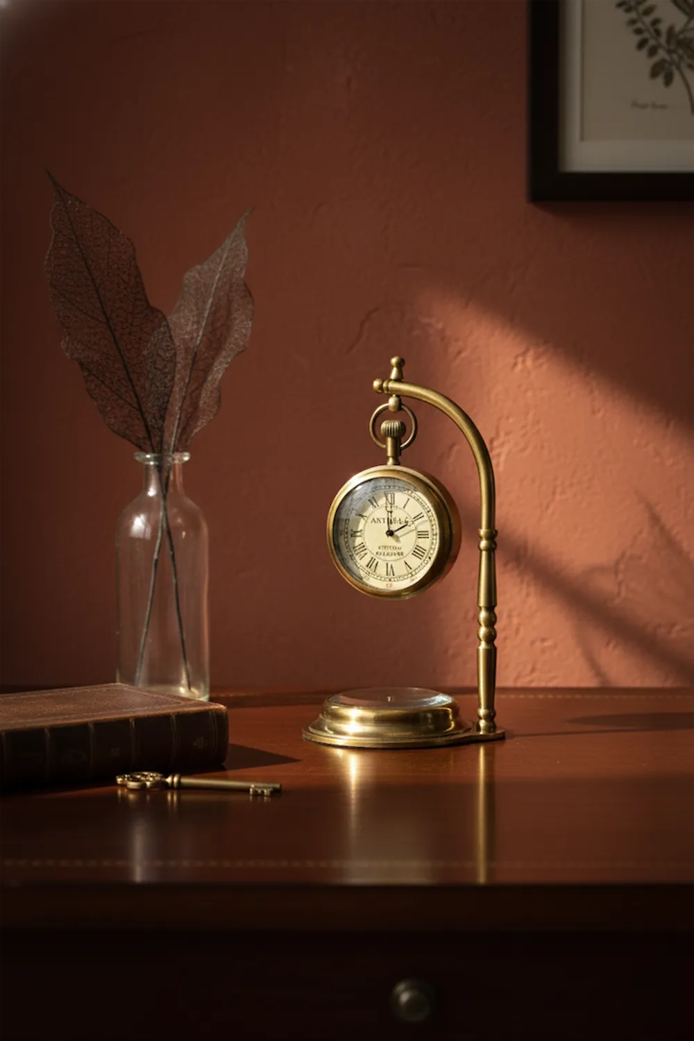 Hanging Brass Desk Clock with Working Compass view 9