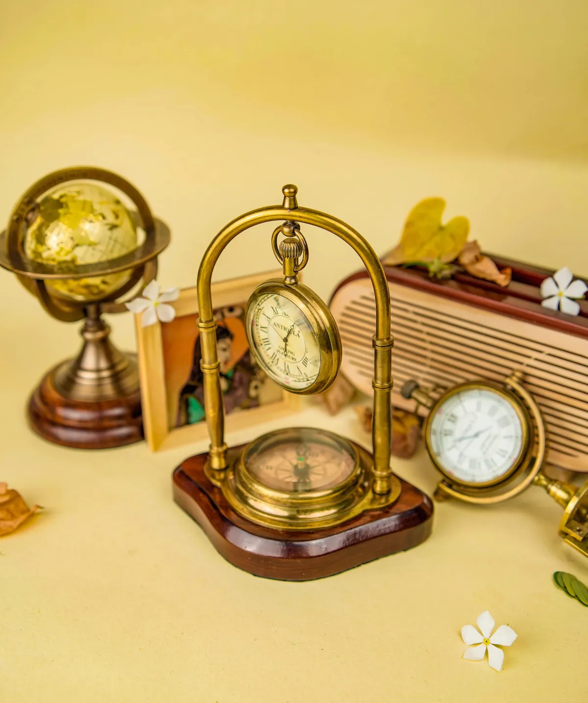 Brass Desk Clock with Working Compass, Double Sided Face view 3