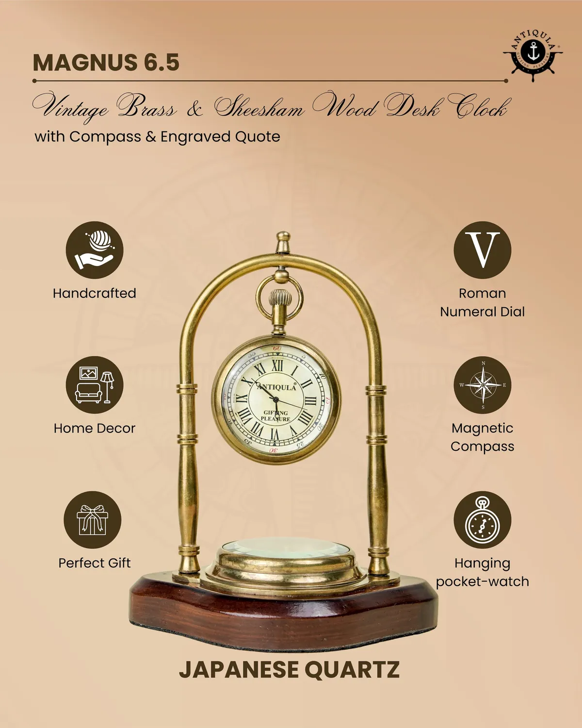 Brass Desk Clock with Working Compass, Double Sided Face view 5
