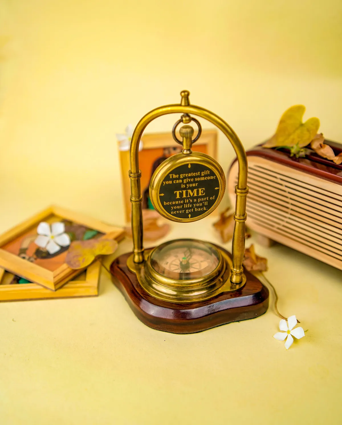 Brass Desk Clock with Working Compass, Double Sided Face view 6