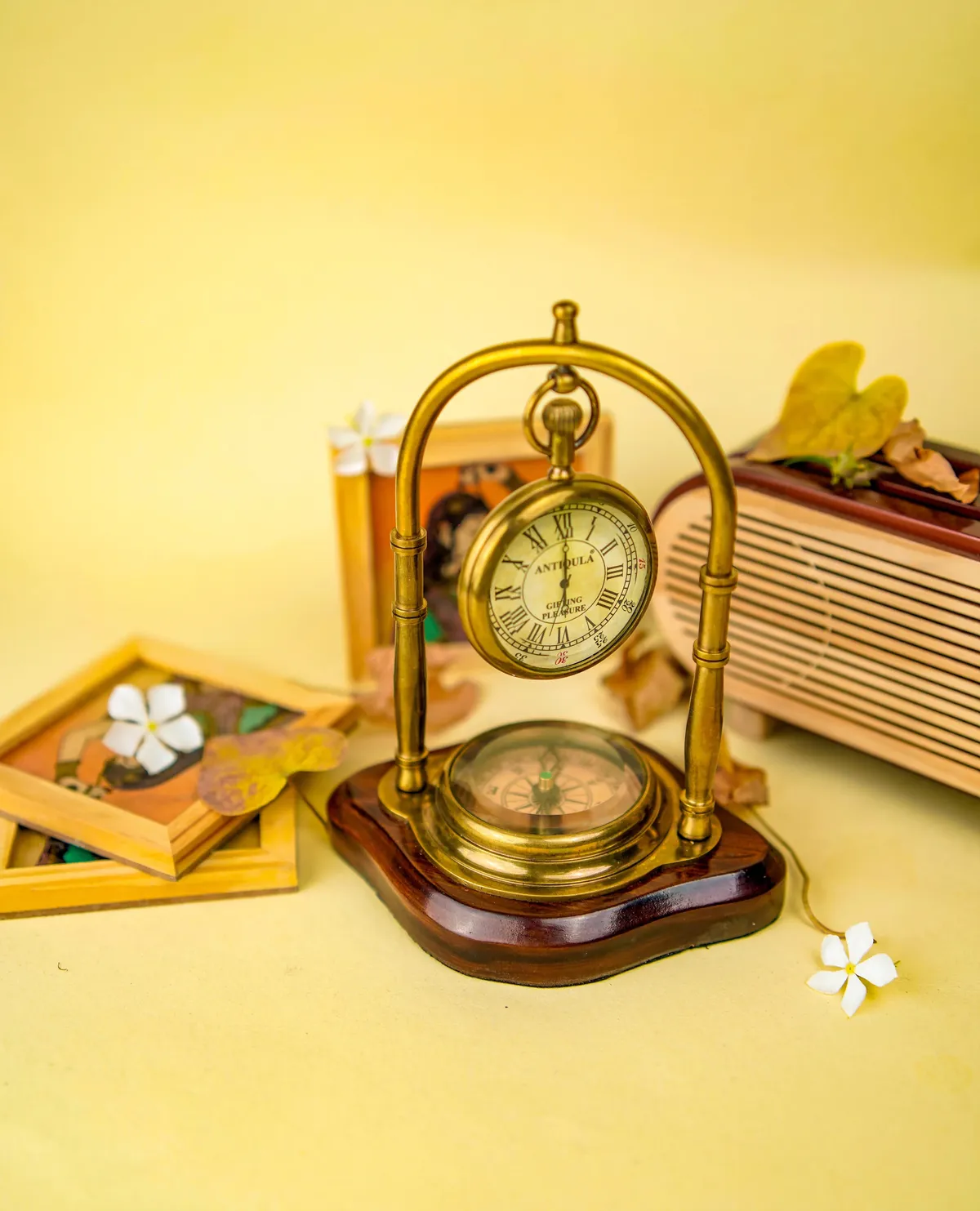 Brass Desk Clock with Working Compass, Double Sided Face view 7