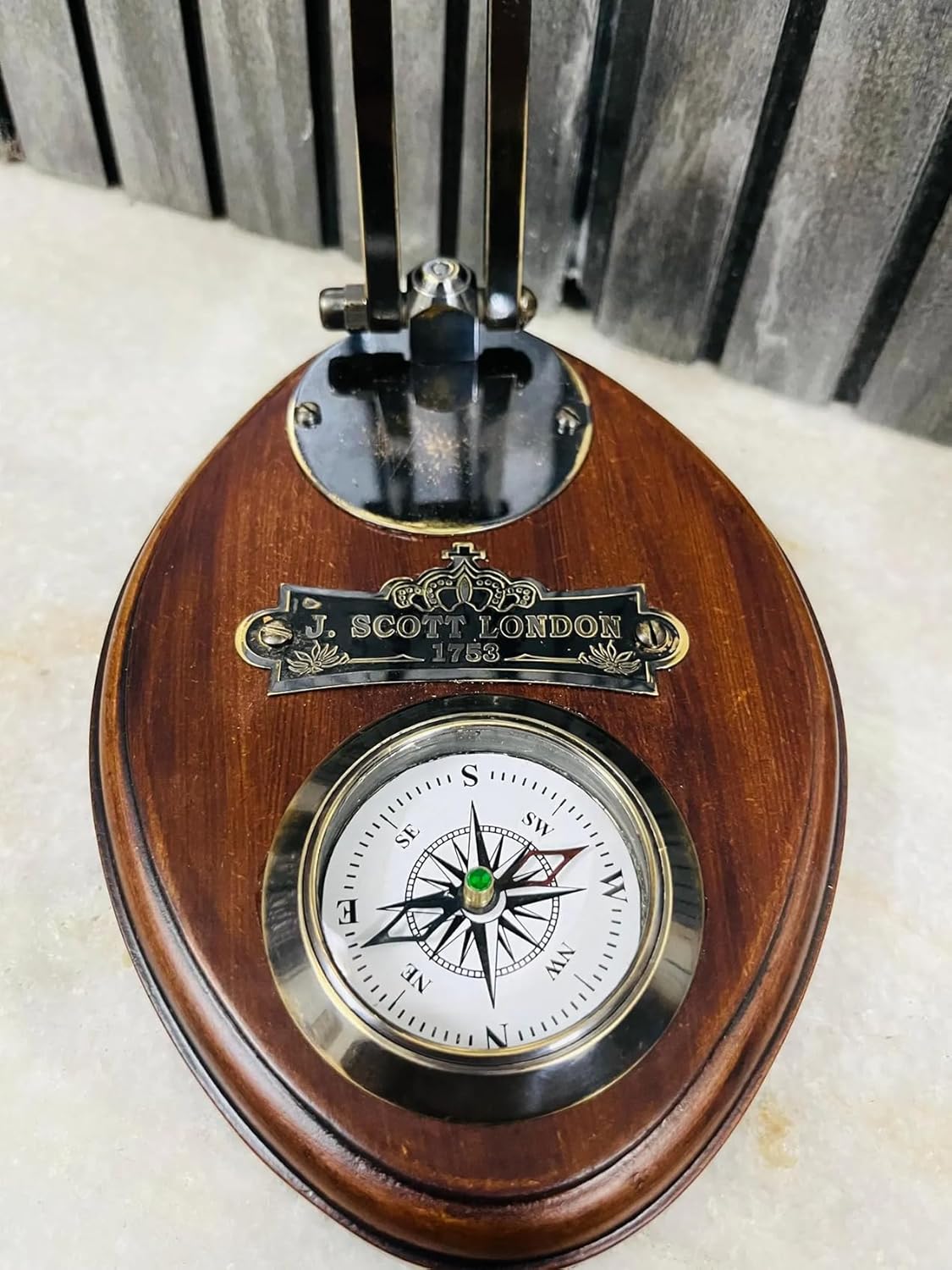 Foldable Brass Desk Clock with Red Leather Case and Working Compass view 2