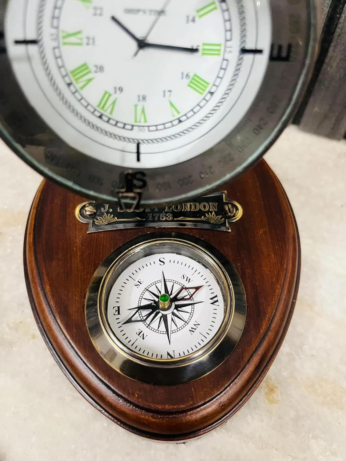 Foldable Brass Desk Clock with Red Leather Case and Working Compass view 3