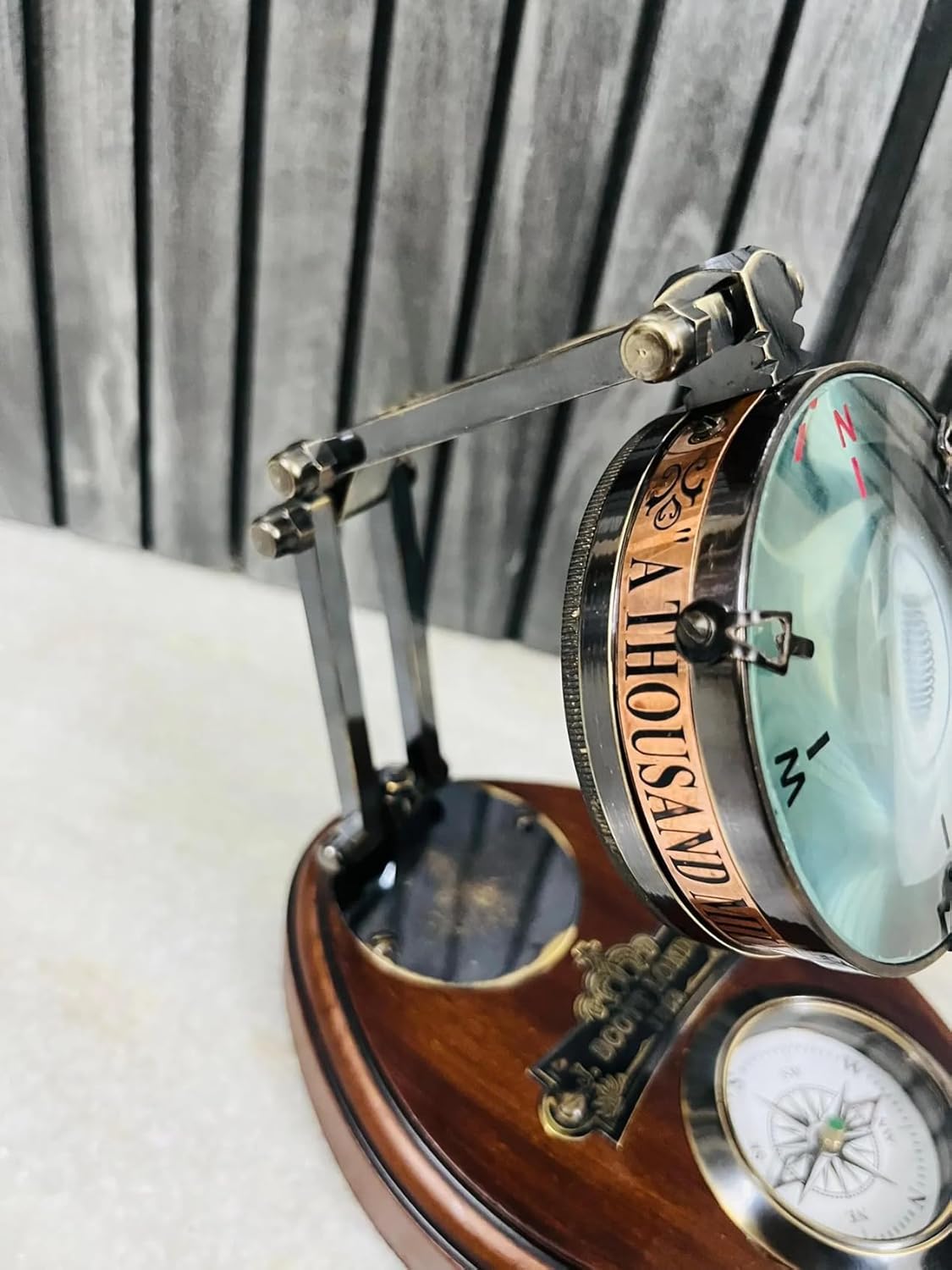 Foldable Brass Desk Clock with Red Leather Case and Working Compass view 5