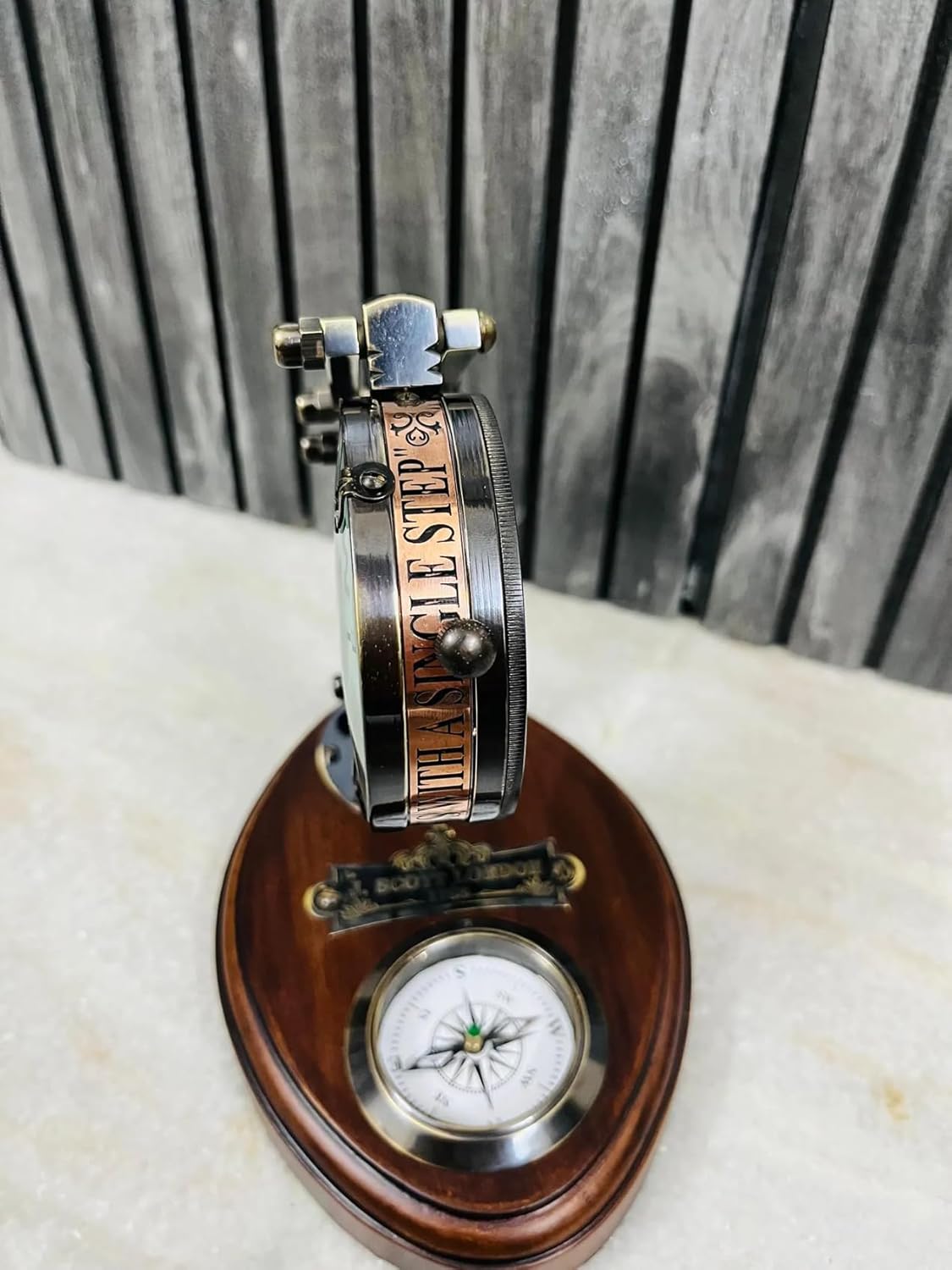 Foldable Brass Desk Clock with Red Leather Case and Working Compass view 7