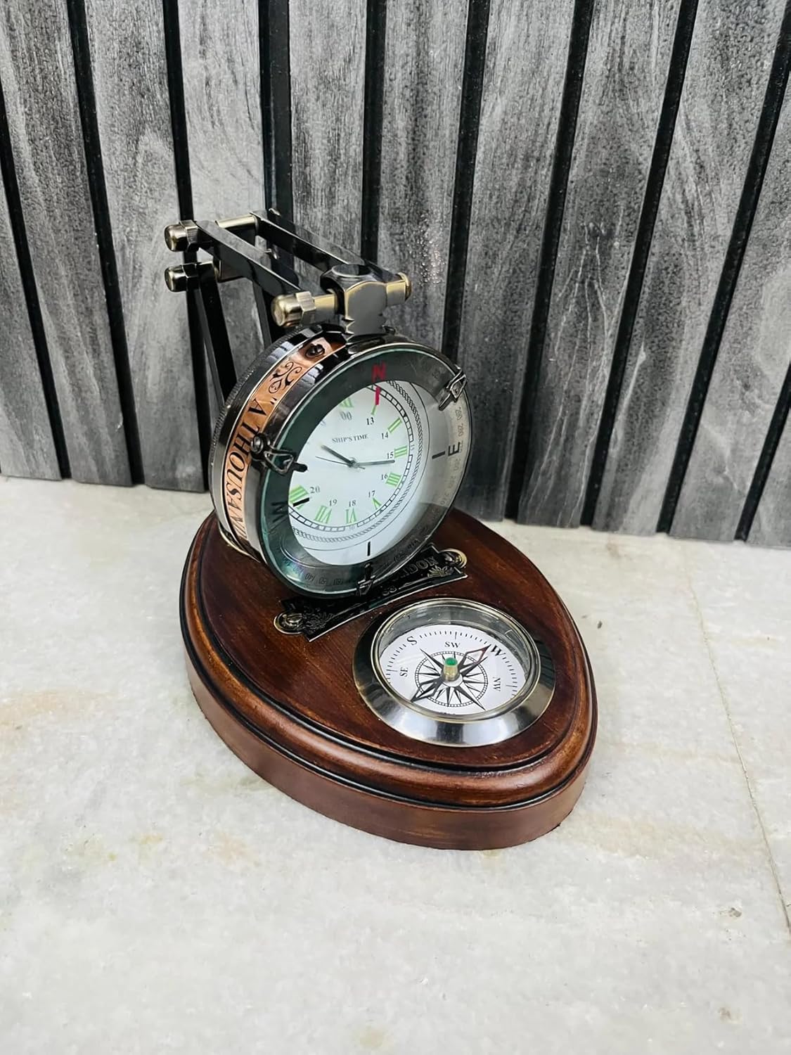 Foldable Brass Desk Clock with Red Leather Case and Working Compass view 8