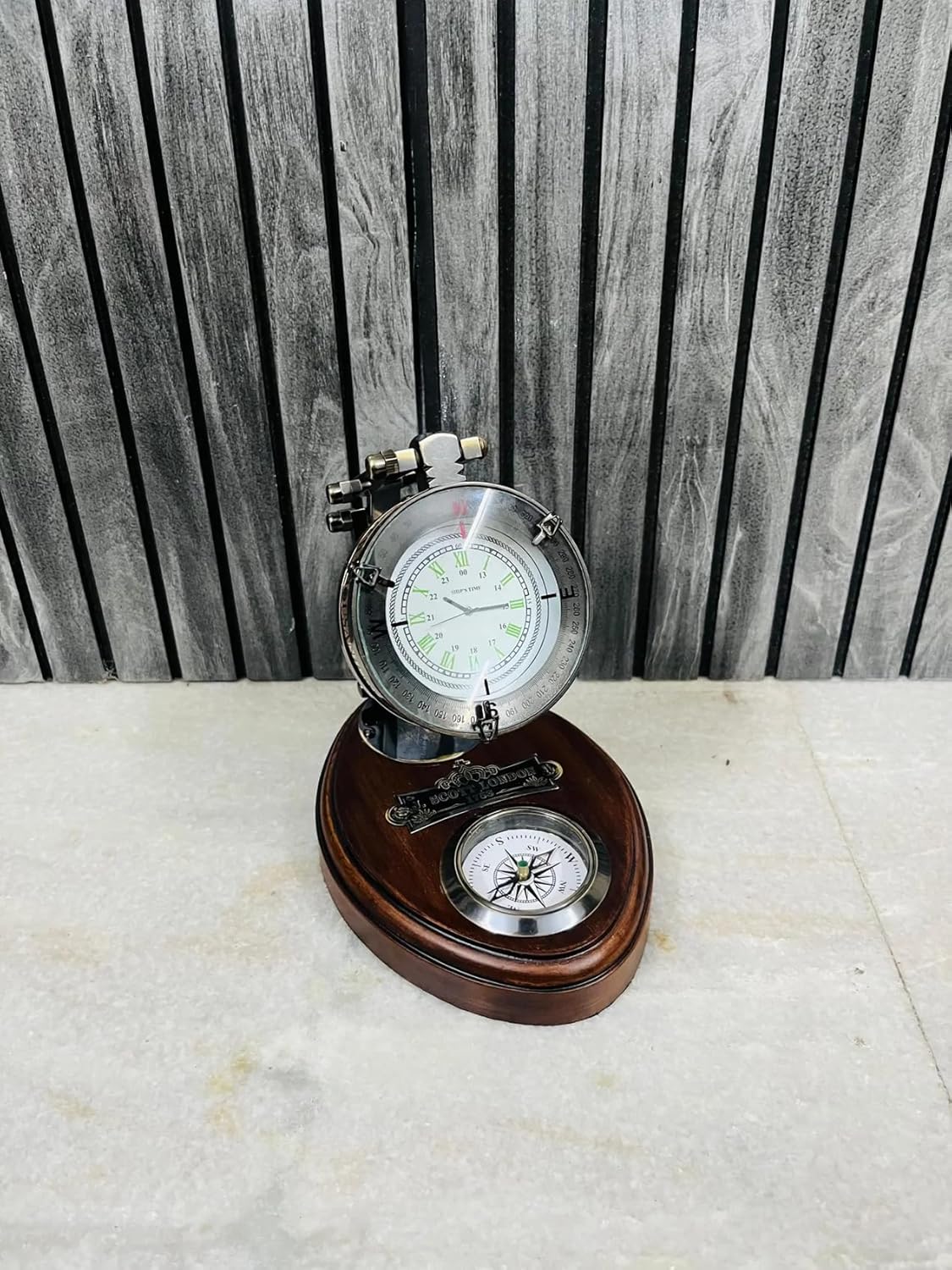 Foldable Brass Desk Clock with Red Leather Case and Working Compass view 9