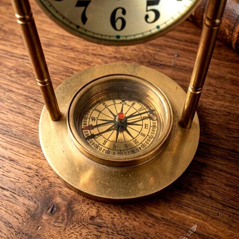Brass Desk Clock with Working Compass, Victoria London Dial view 3