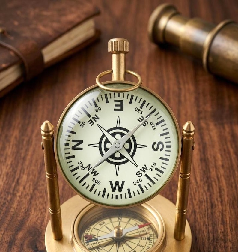 Brass Desk Clock with Working Compass, Victoria London Dial view 4