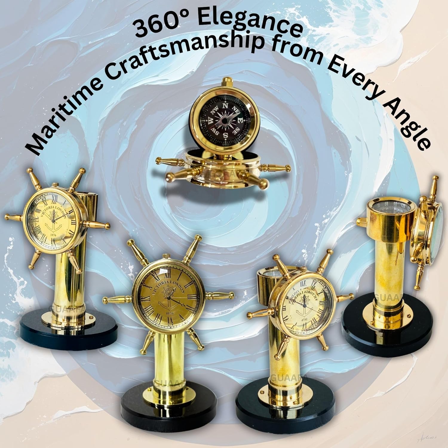 Ship Wheel Brass Desk Clock with Compass view 2