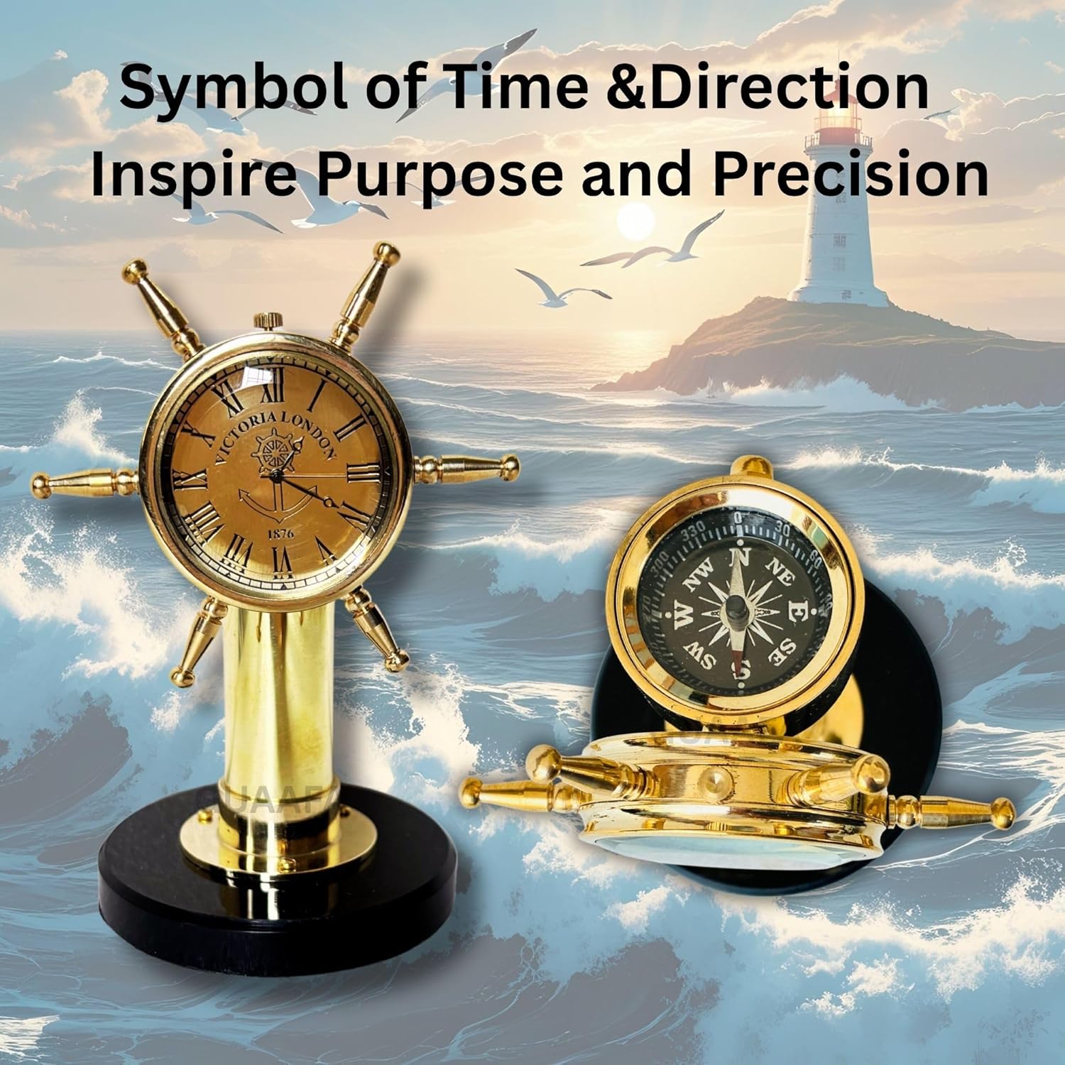Ship Wheel Brass Desk Clock with Compass view 3