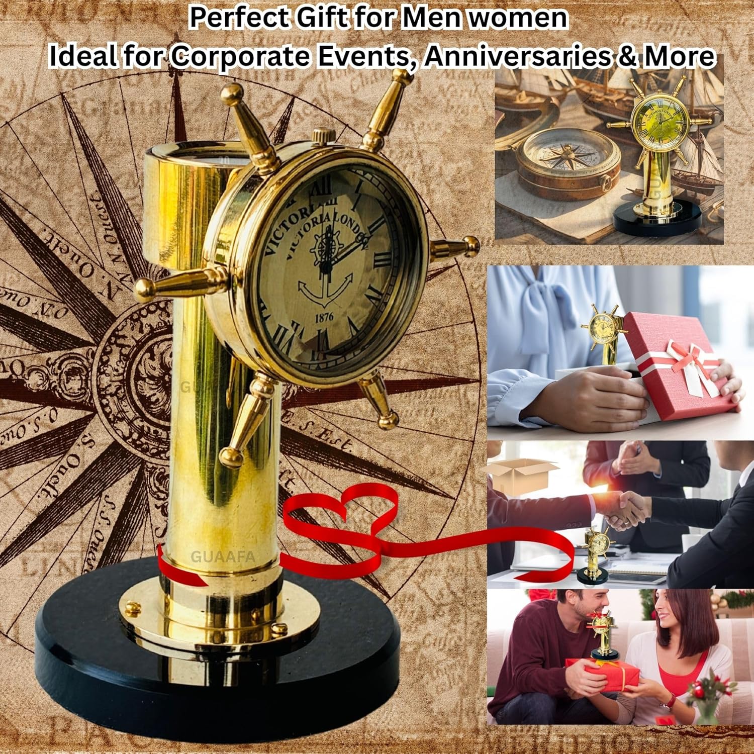 Ship Wheel Brass Desk Clock with Compass view 6