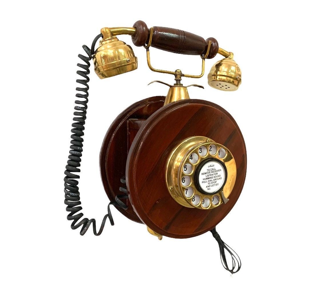 Wooden Wall-Mount Rotary Telephone — Brass Accents view 2