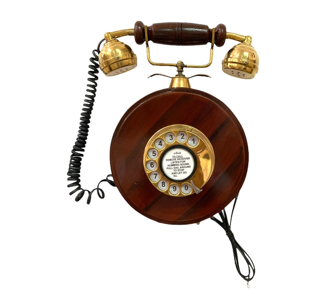 Wooden Wall-Mount Rotary Telephone — Brass Accents view 6