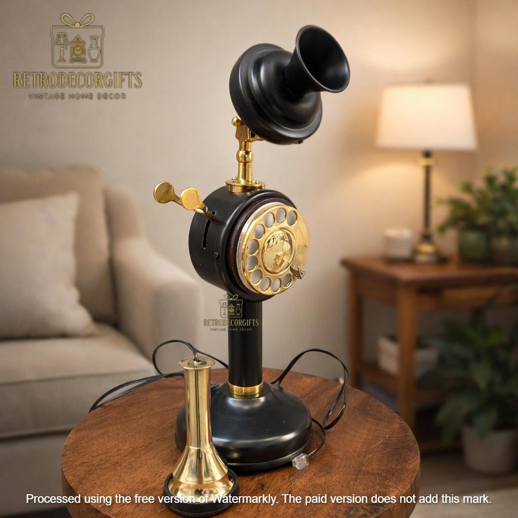 Tall Victorian Brass Candlestick Rotary Telephone view 2