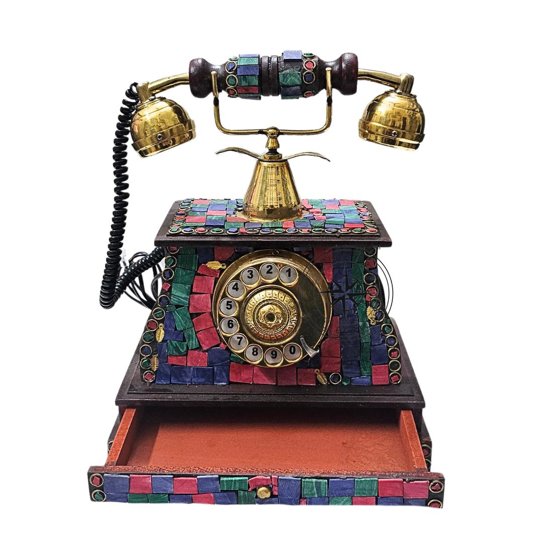 Victorian Brass Rotary Phone — Etched Wood Body view 3