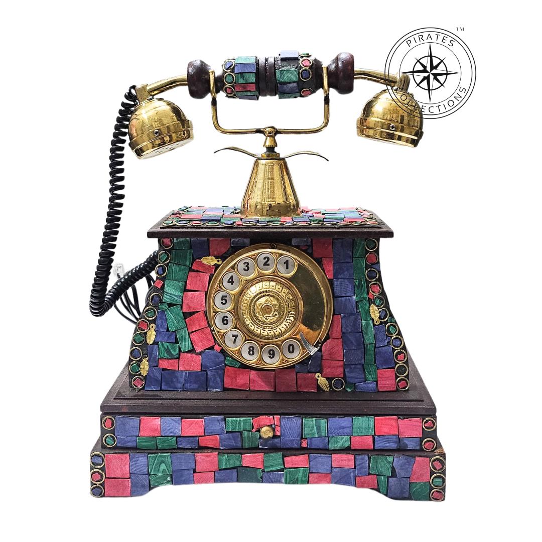 Victorian Brass Rotary Phone — Etched Wood Body view 4