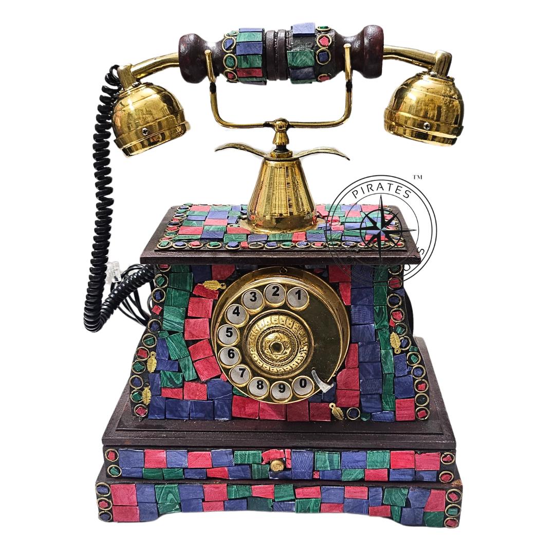 Victorian Brass Rotary Phone — Etched Wood Body view 5