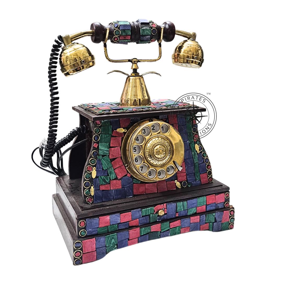 Victorian Brass Rotary Phone — Etched Wood Body view 7