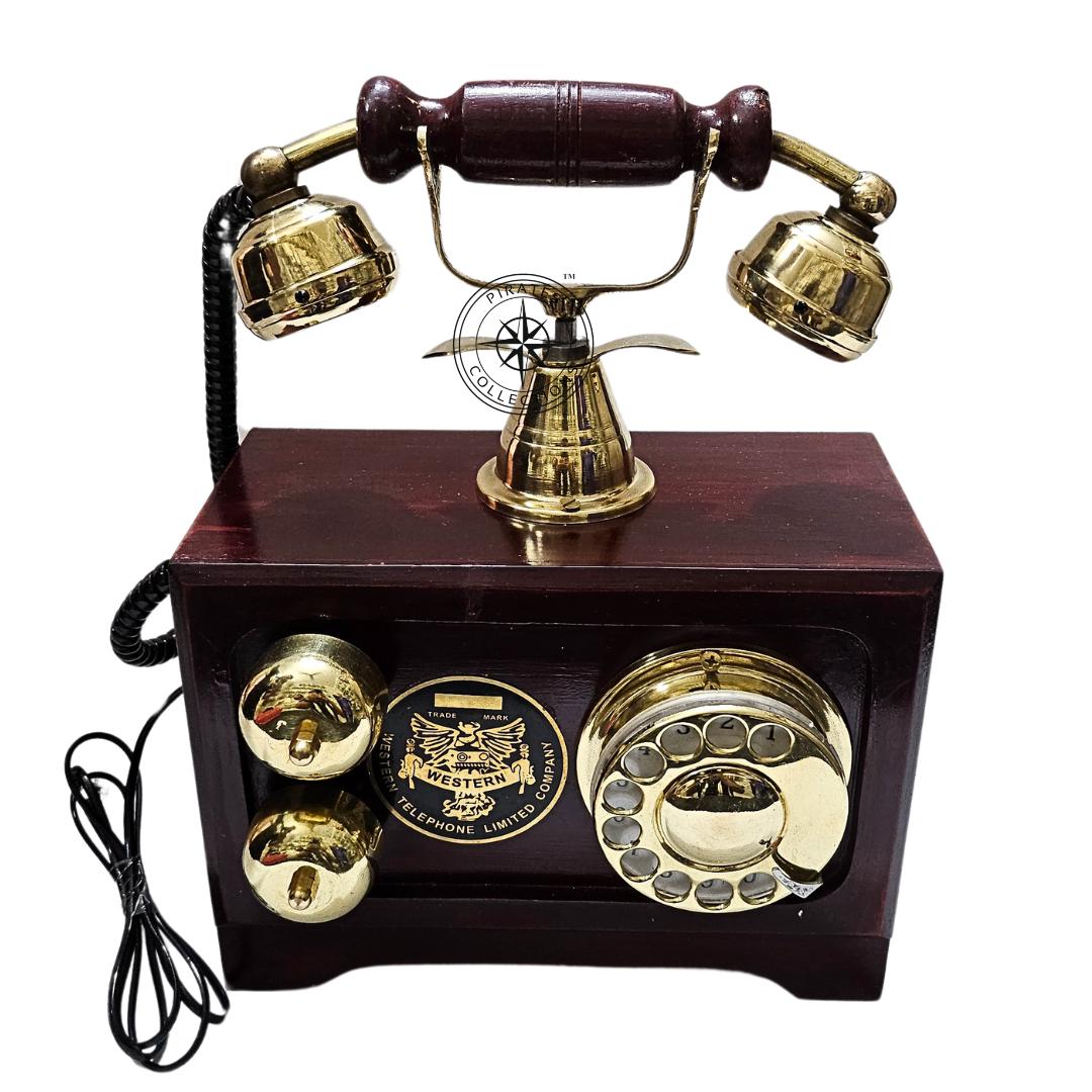 Retro Brown Wooden Landline Telephone — Brass Dial view 2