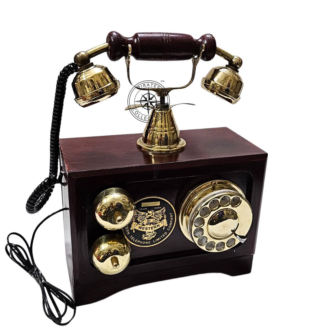 Retro Brown Wooden Landline Telephone — Brass Dial view 3