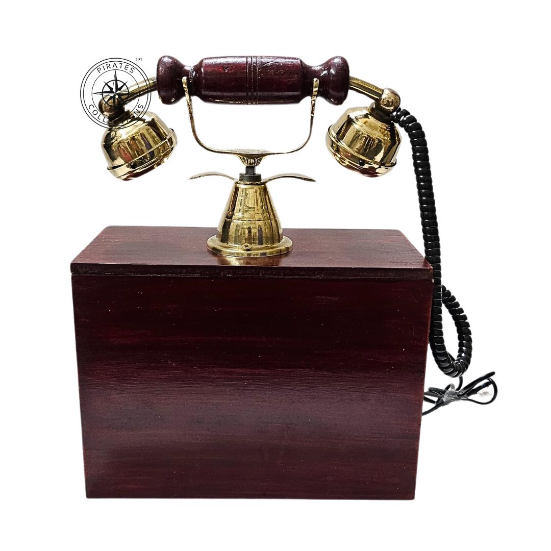 Retro Brown Wooden Landline Telephone — Brass Dial view 5