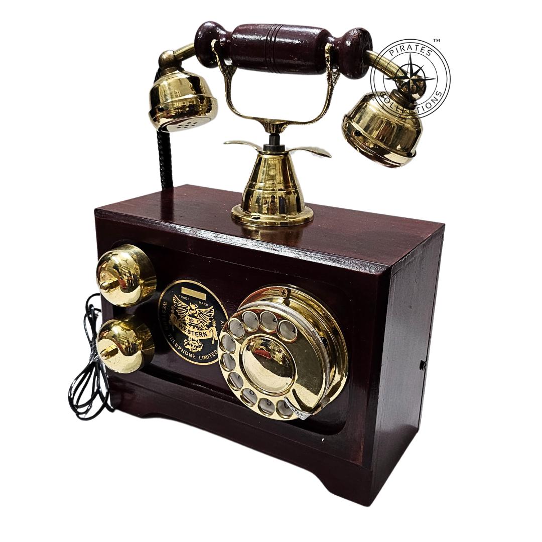 Retro Brown Wooden Landline Telephone — Brass Dial view 7