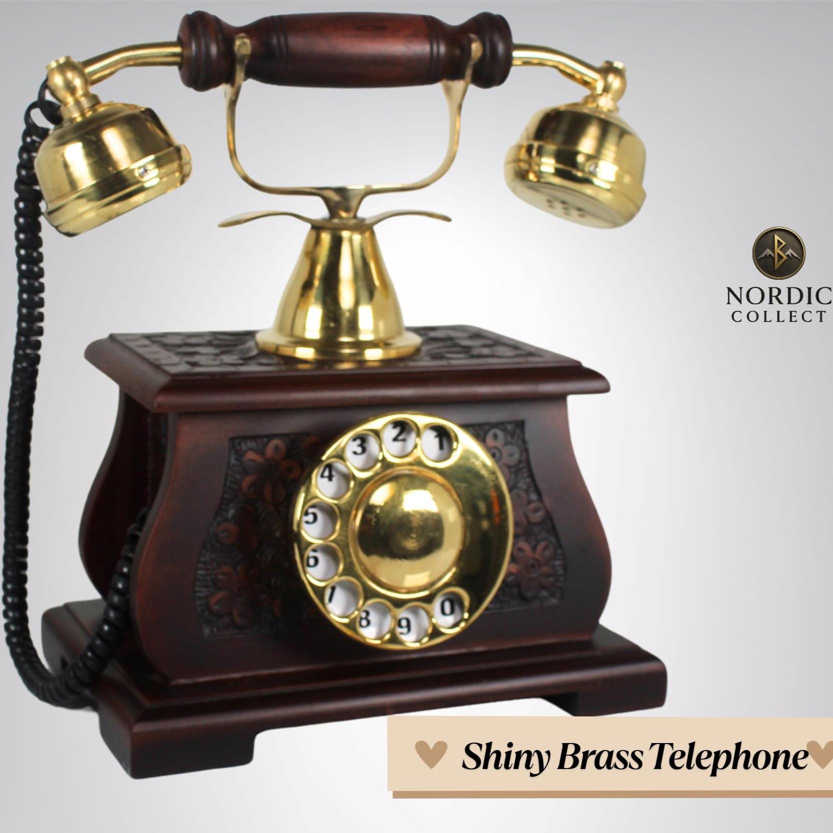 Dark Carved Wood Base Brass Rotary Dial Telephone view 2
