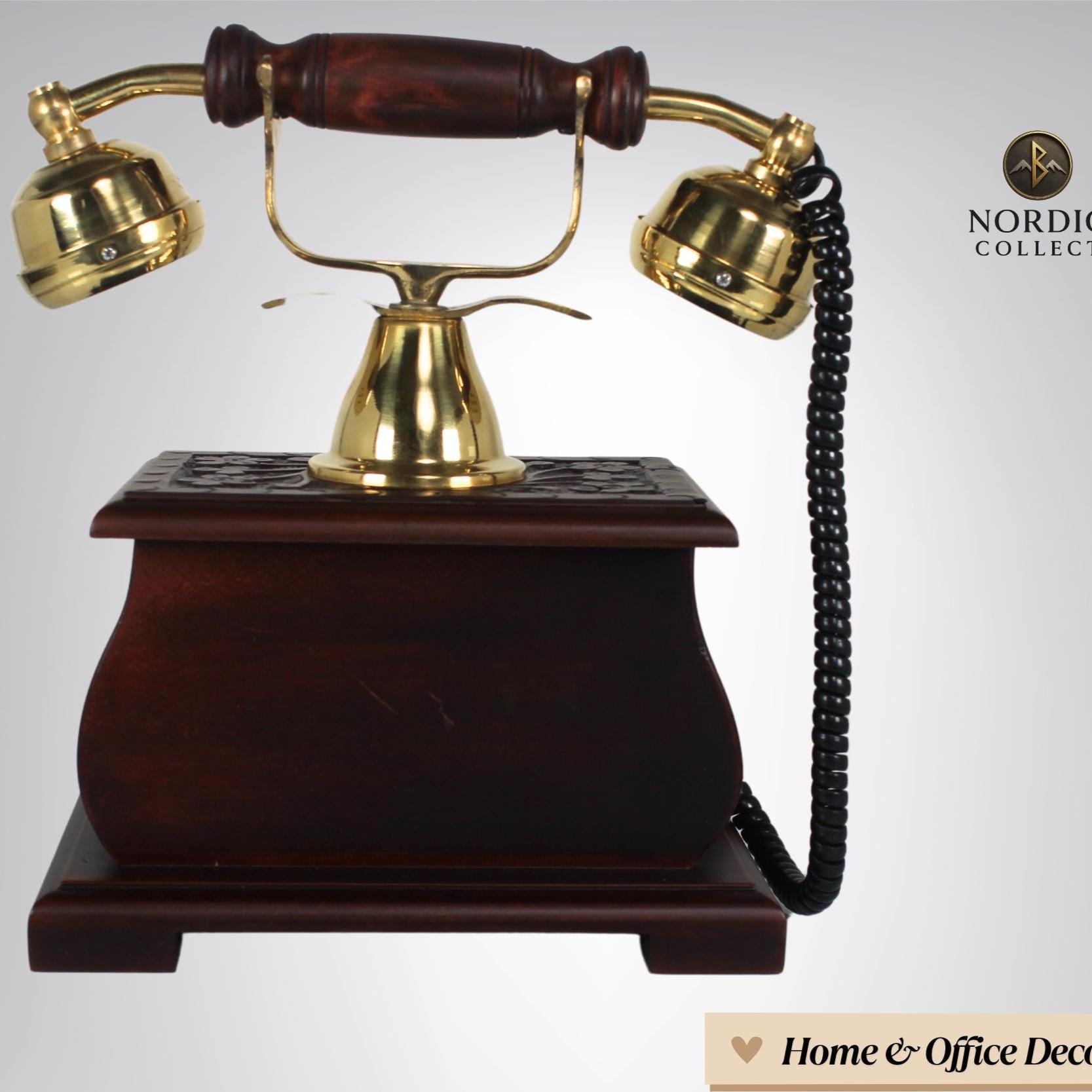 Dark Carved Wood Base Brass Rotary Dial Telephone view 3