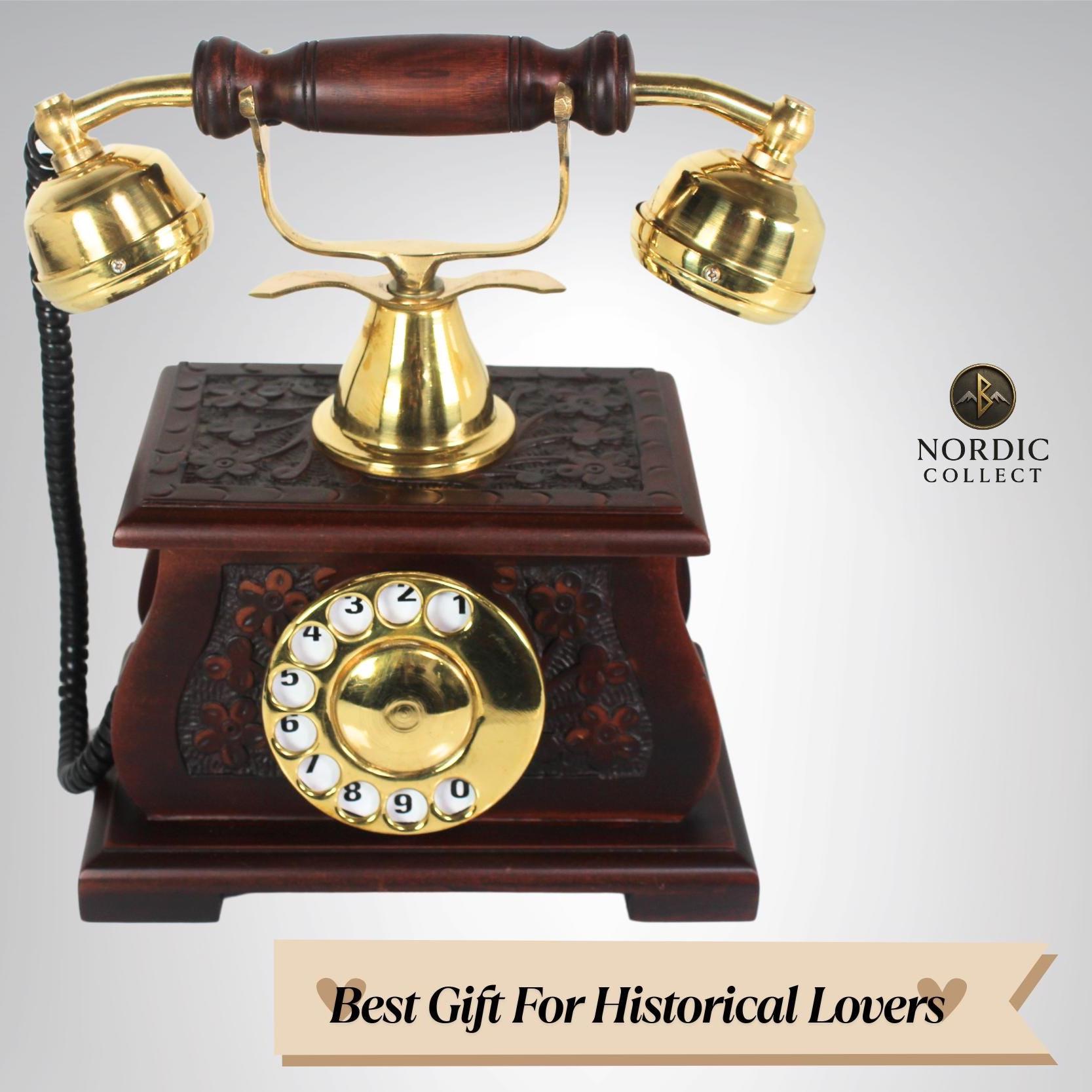 Dark Carved Wood Base Brass Rotary Dial Telephone view 6
