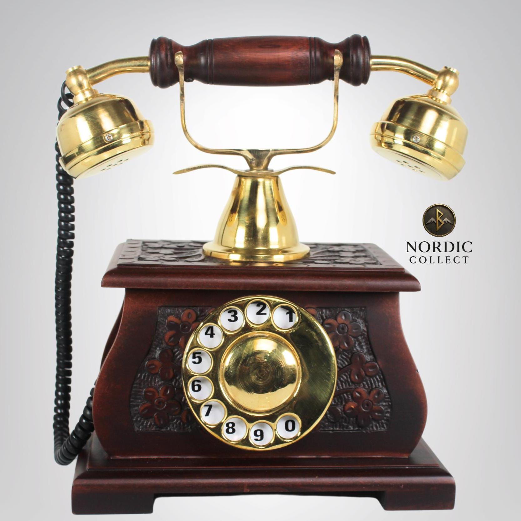 Dark Carved Wood Base Brass Rotary Dial Telephone view 7