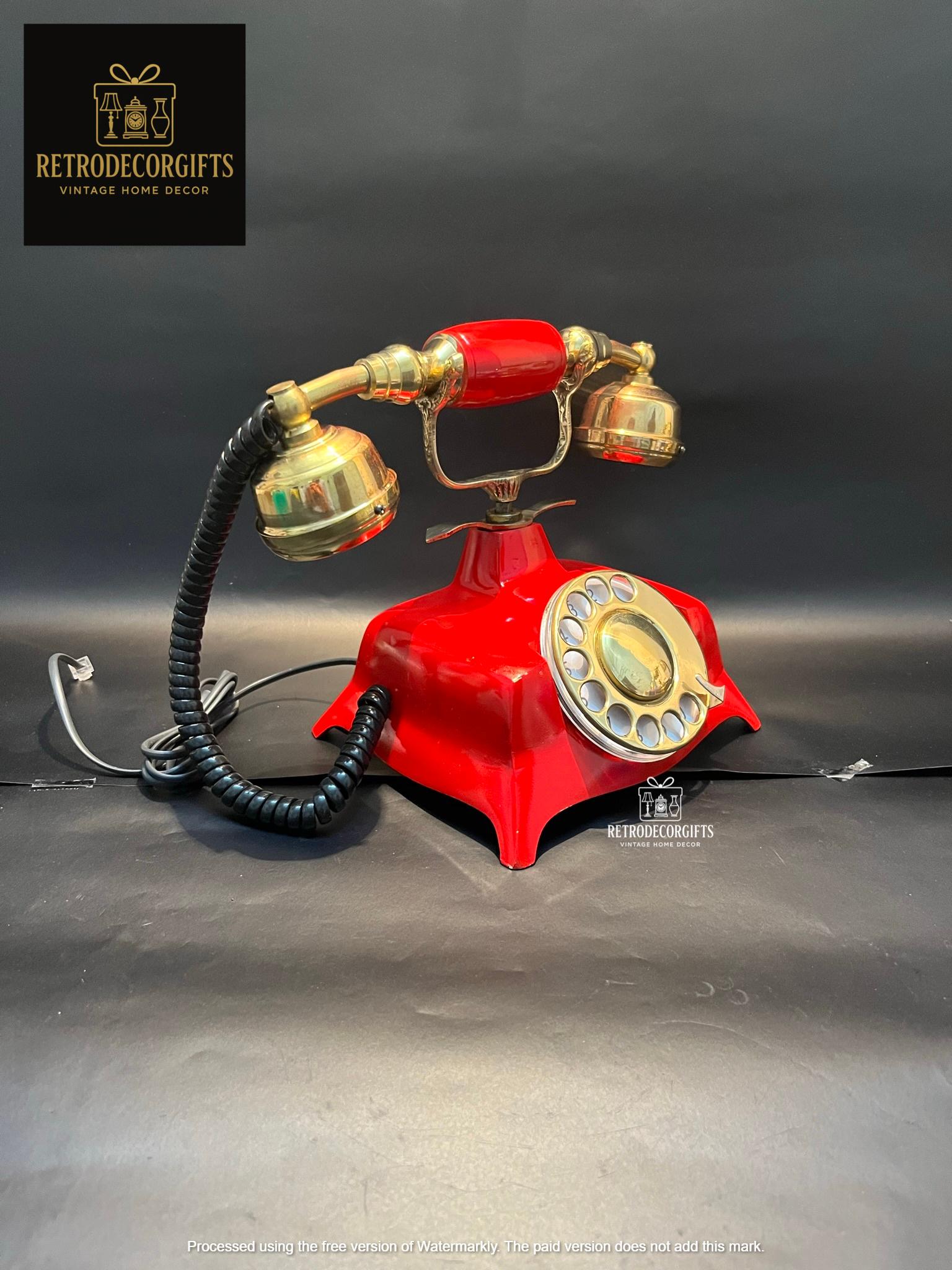 Red Rotary Dial Brass Landline Telephone — Vintage view 5