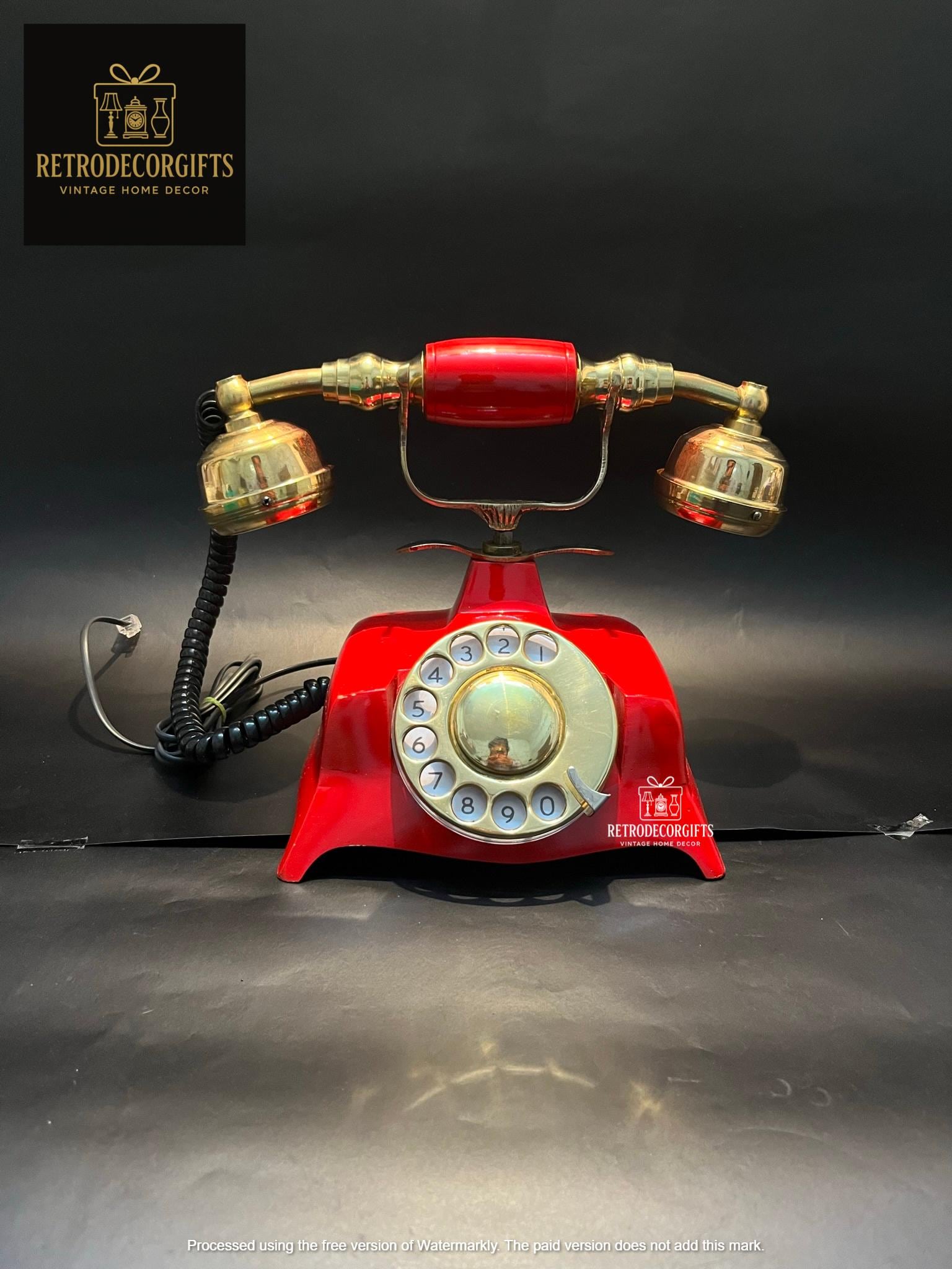 Red Rotary Dial Brass Landline Telephone — Vintage view 7