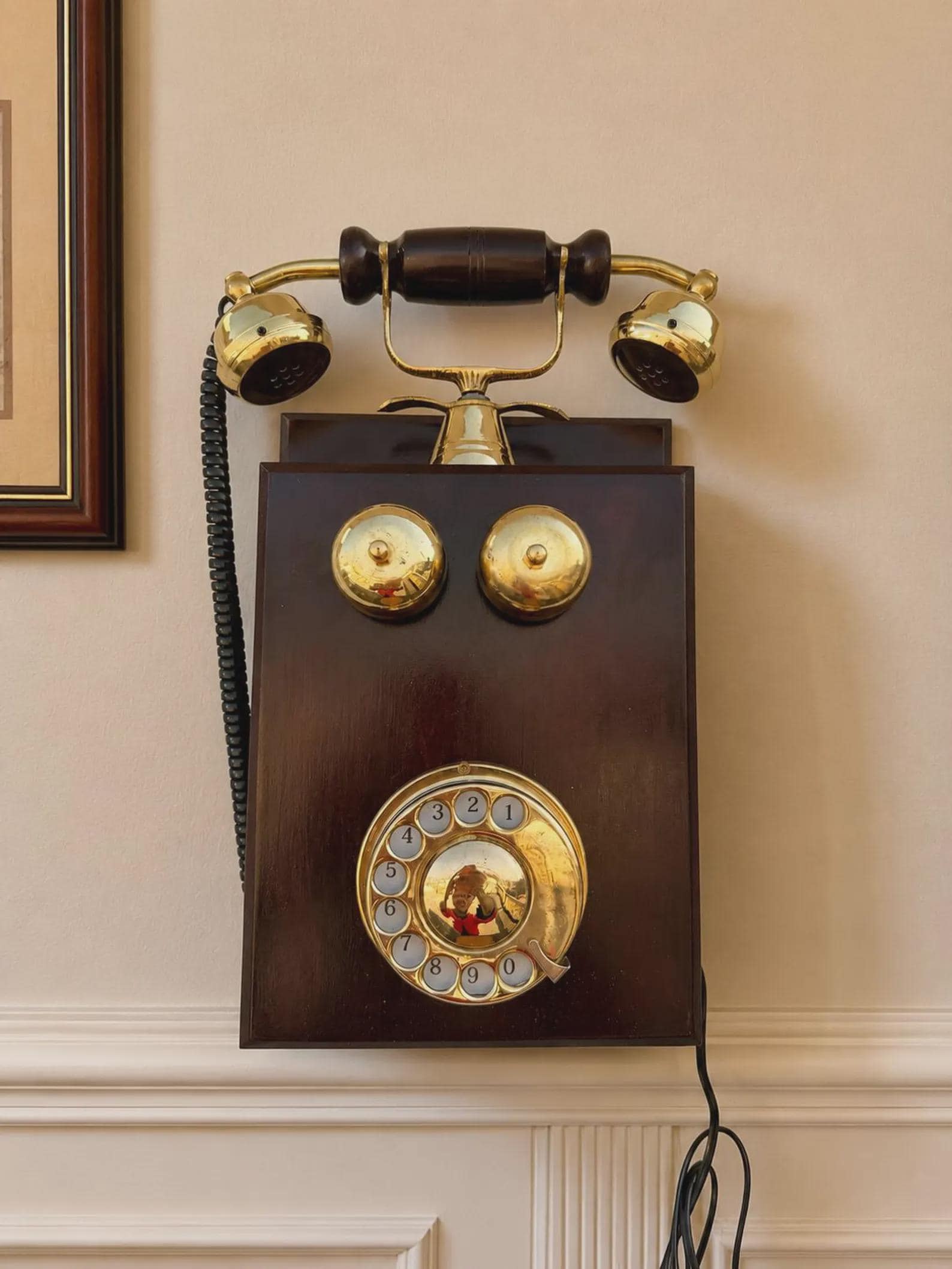 Wooden Rotary Telephone — Antique Brass Wall Decor view 3