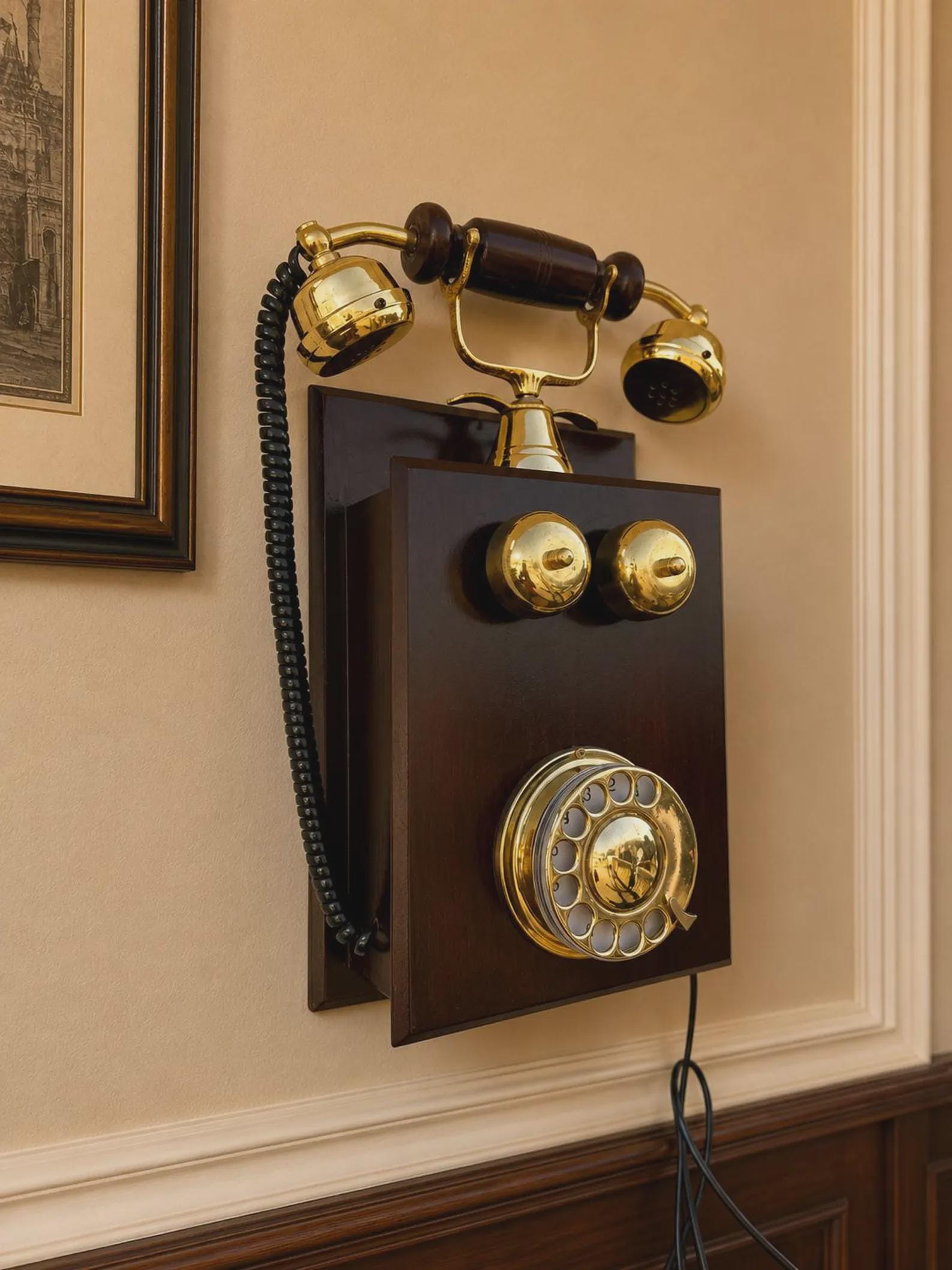 Wooden Rotary Telephone — Antique Brass Wall Decor view 4