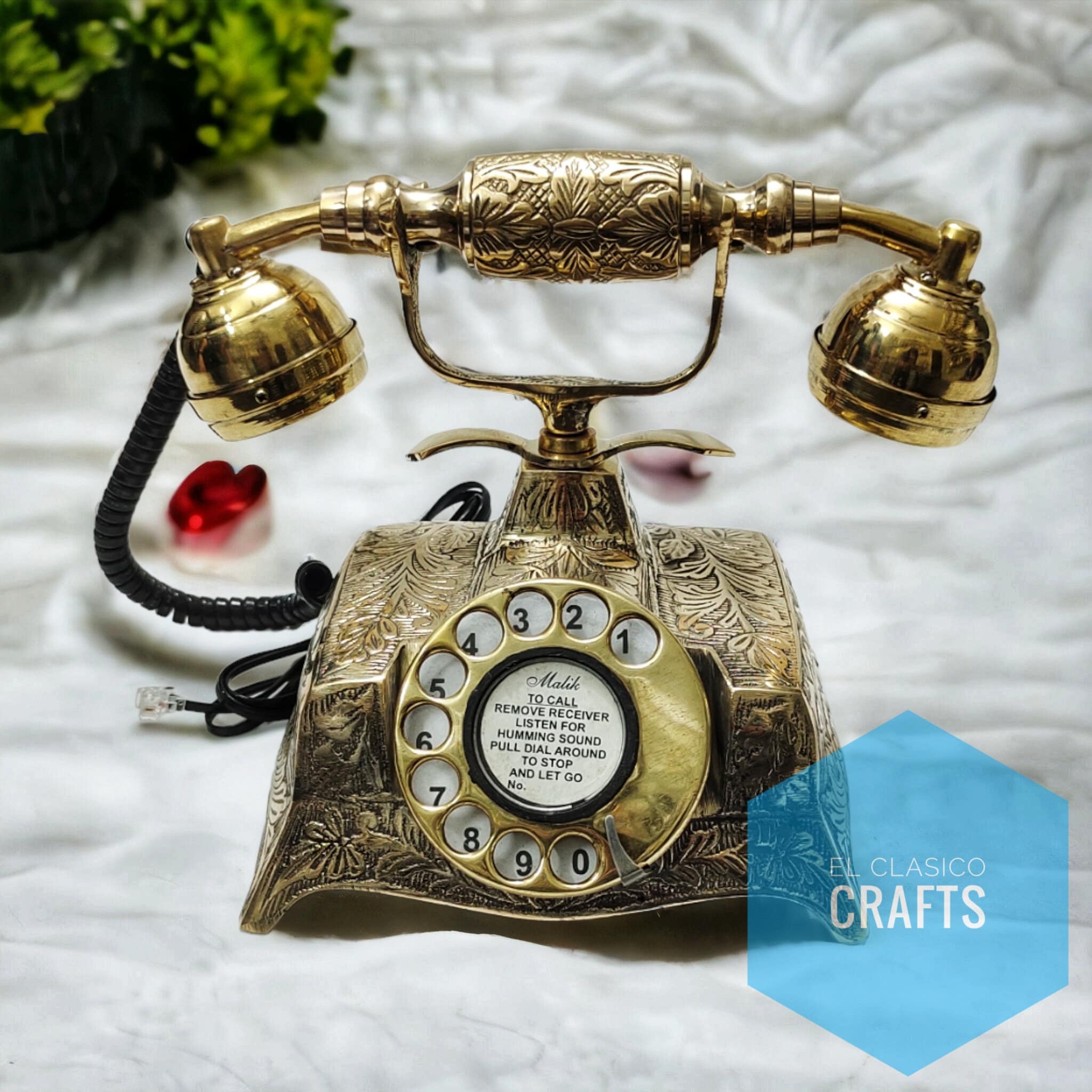 Floral Engraved Brass Rotary Victorian Desk Phone view 2