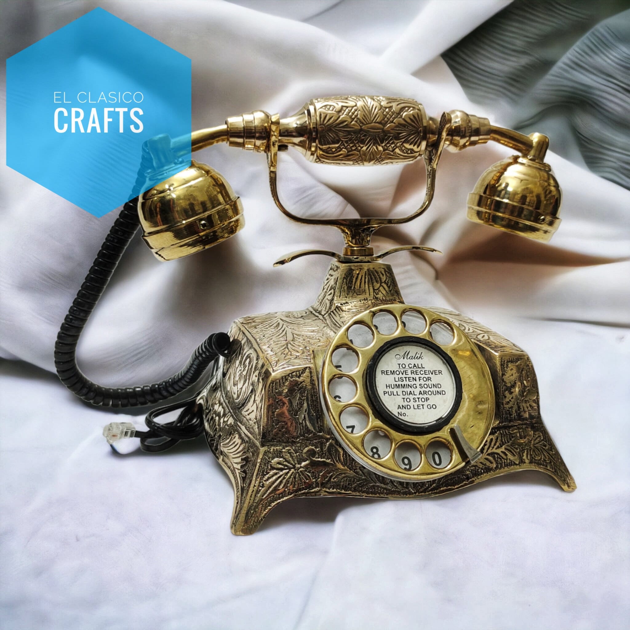 Floral Engraved Brass Rotary Victorian Desk Phone view 3