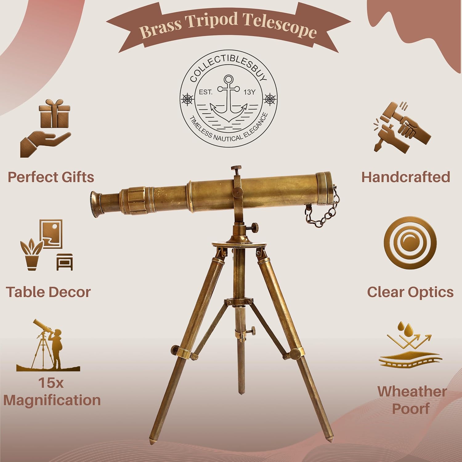 Brass Floor Standing Telescope 11" with Brass Tripod Stand view 6