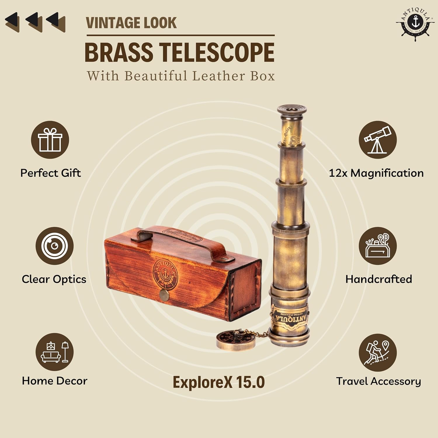 Brass Spyglass Telescope 15" with Red Leather Case + Black Gift Box view 4