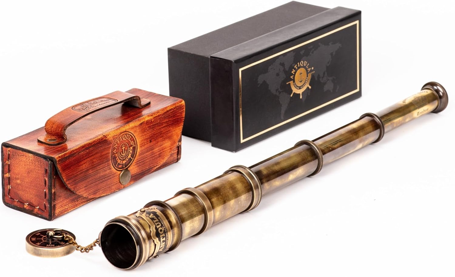 Brass Spyglass Telescope 15" with Red Leather Case + Black Gift Box view 15
