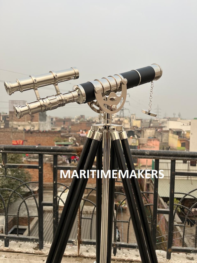 Double Barrel Chrome Finish Brass & Chrome Floor Standing Telescope 50" with Black Wooden Tripod view 5
