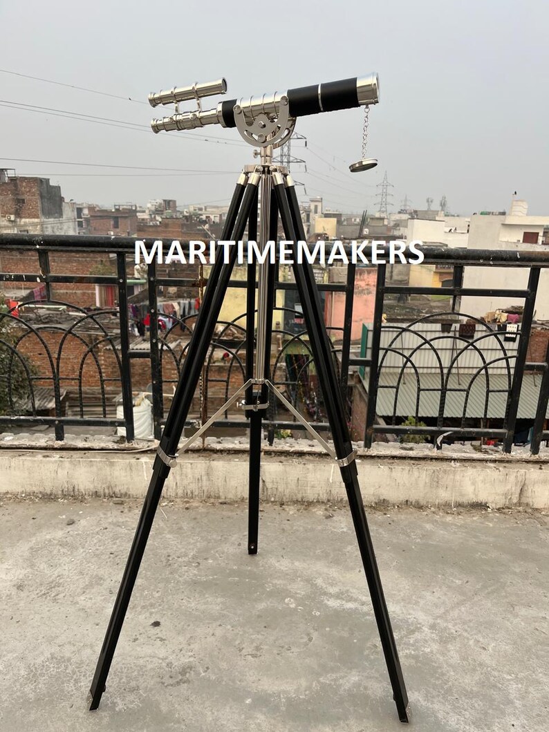 Double Barrel Chrome Finish Brass & Chrome Floor Standing Telescope 50" with Black Wooden Tripod view 7