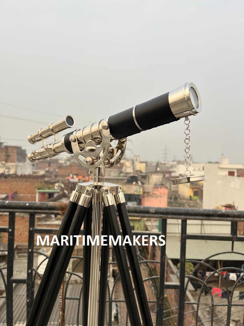 Double Barrel Chrome Finish Brass & Chrome Floor Standing Telescope 50" with Black Wooden Tripod view 8