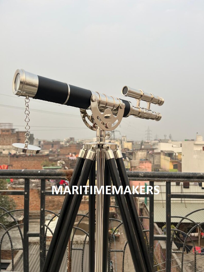 Double Barrel Chrome Finish Brass & Chrome Floor Standing Telescope 50" with Black Wooden Tripod view 10