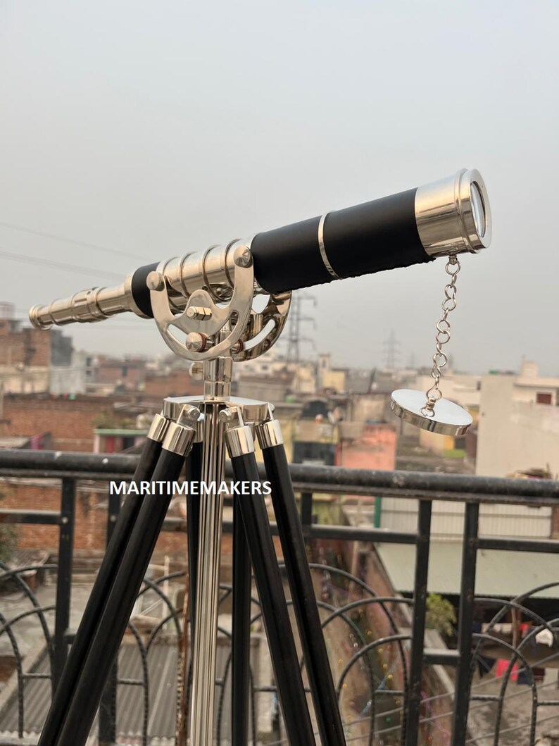 Double Barrel Chrome Finish Brass & Chrome Floor Standing Telescope 50" with Black Wooden Tripod view 11