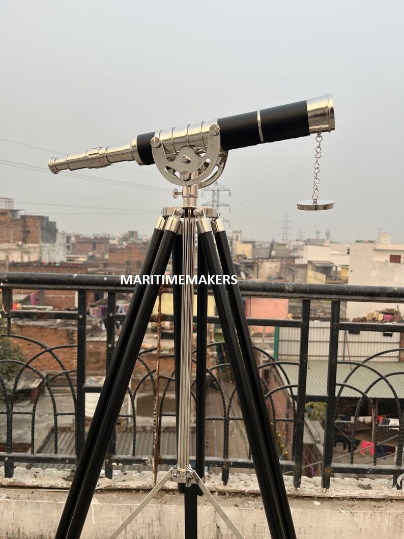 Double Barrel Chrome Finish Brass & Chrome Floor Standing Telescope 50" with Black Wooden Tripod view 12