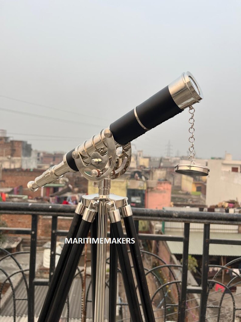 Double Barrel Chrome Finish Brass & Chrome Floor Standing Telescope 50" with Black Wooden Tripod view 13