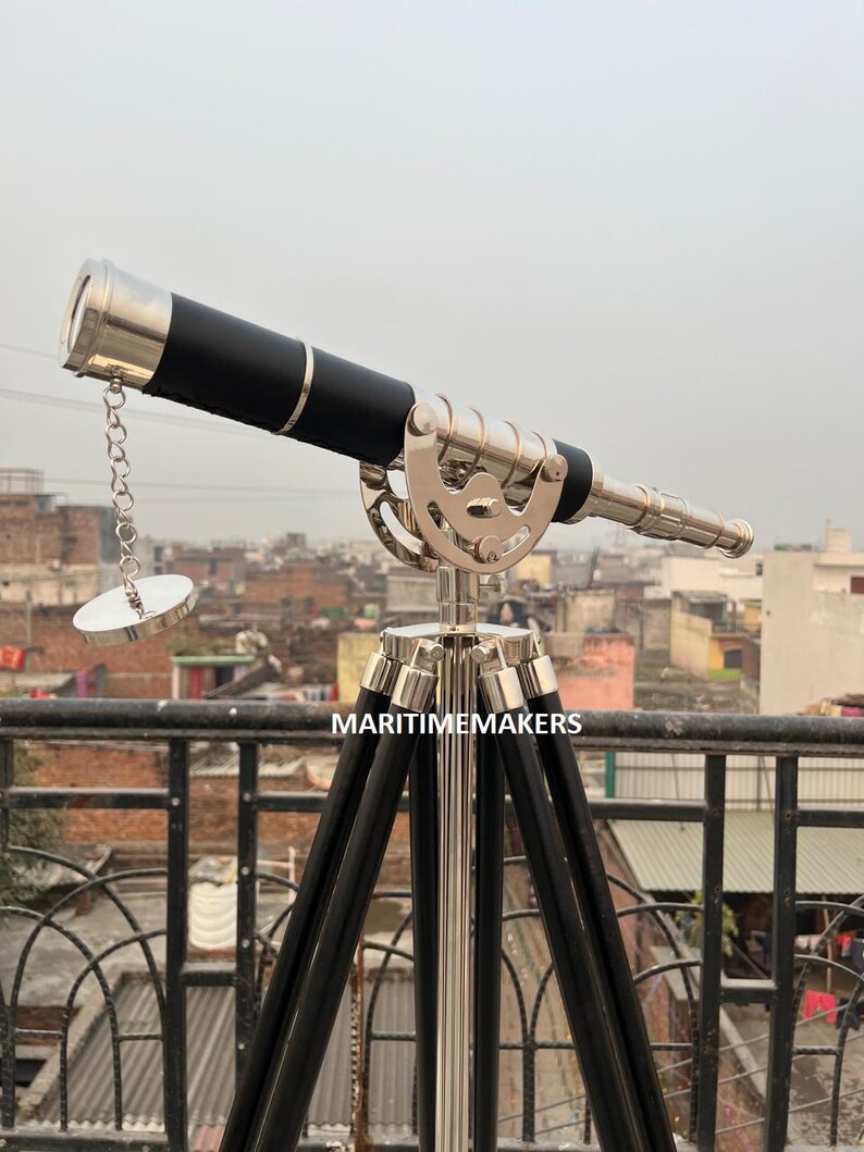 Double Barrel Chrome Finish Brass & Chrome Floor Standing Telescope 50" with Black Wooden Tripod view 15