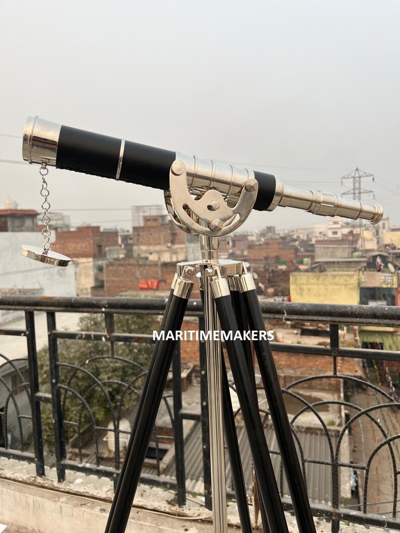 Double Barrel Chrome Finish Brass & Chrome Floor Standing Telescope 50" with Black Wooden Tripod view 16